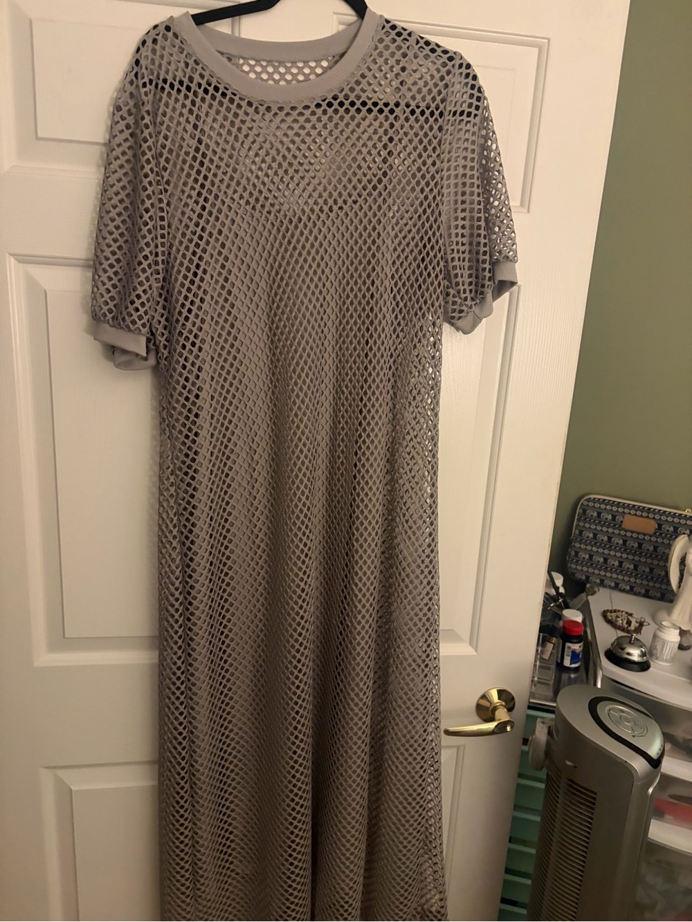 Women's Gray Mesh Short-Sleeve Maxi Dress